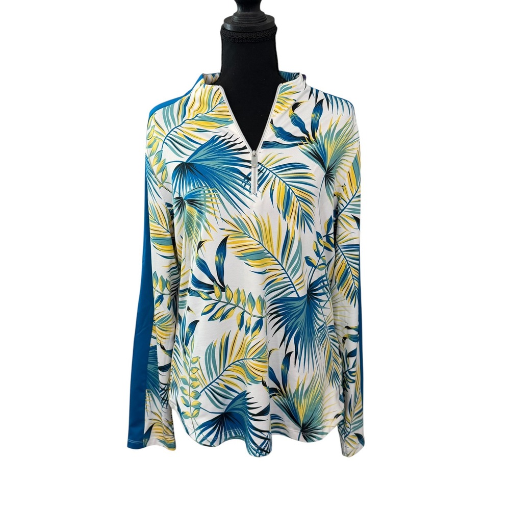 Tail Activewear Long Sleeve Top L Blue Yellow Tropical Palm 1/4 Zip Golf Sporty